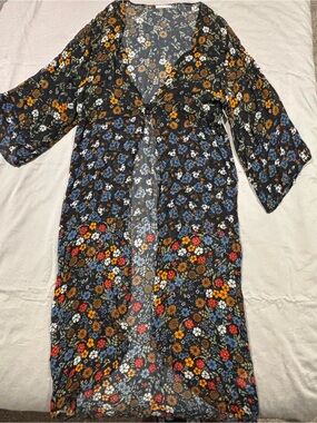 Sheer Floral Kimono Duster - Black with Multicolor Flowers